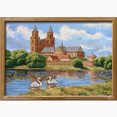 Гобеленовая картина в багете «Замок с лебедями»